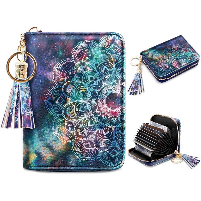 Coco Rossi Women's Small Credit Card Wallet RFID Cute Mandala Card Holder for Women with Keychain, Lace Nebula - Image 1